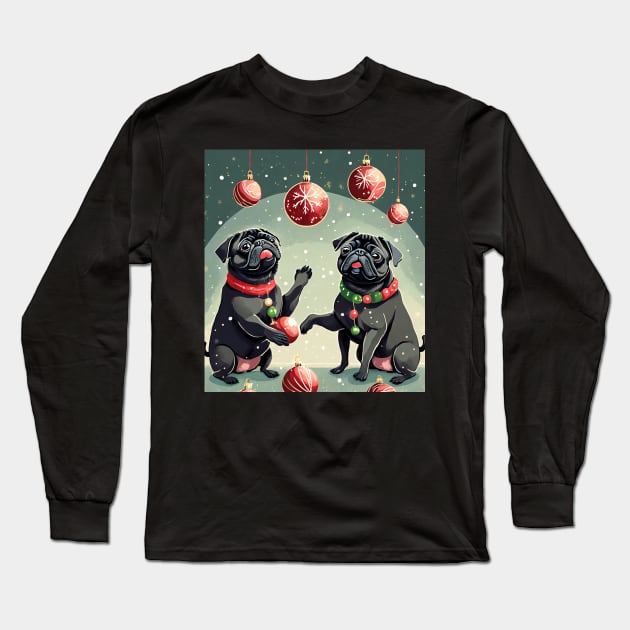 Black Christmas Pugs Long Sleeve T-Shirt by FauxPawzDezigns